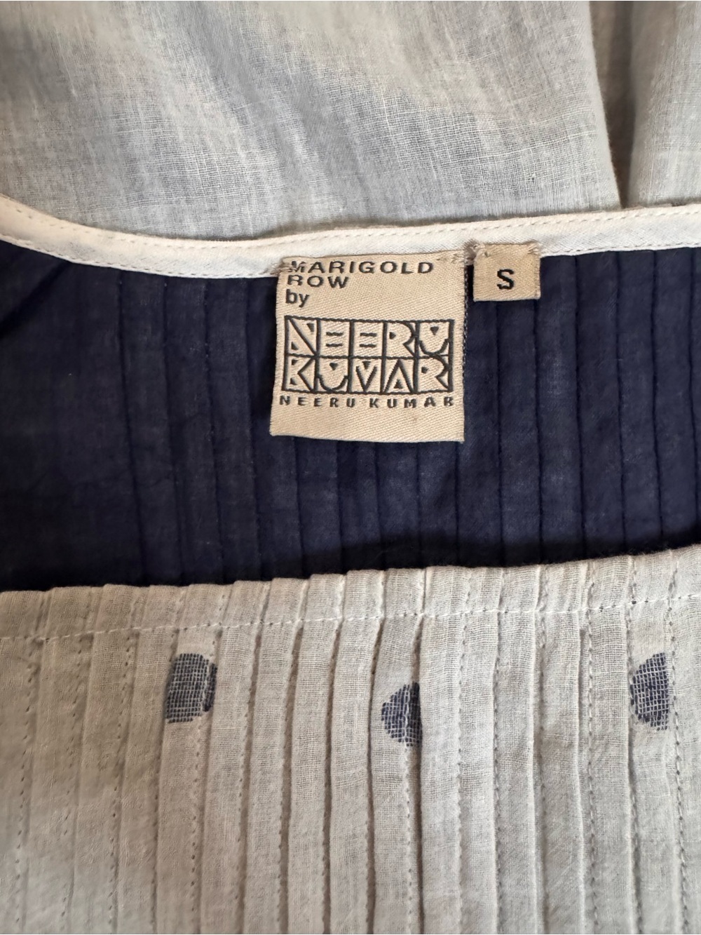 Marigold Row by Neeru Kumar Pleated Dress in Light Chambray and Navy Dot Linen
